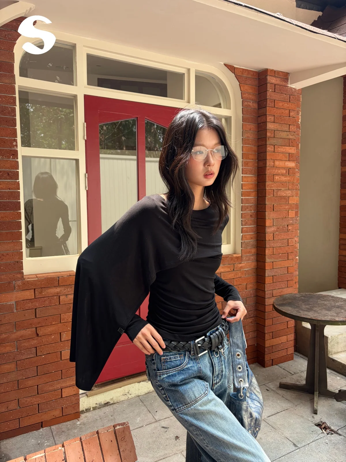 Sleep at 11 Korean Style Autumn Wool Lyocell Cloak Style Black Slim Long Sleeve Women's Top Fake Two-Piece Vintage Splice