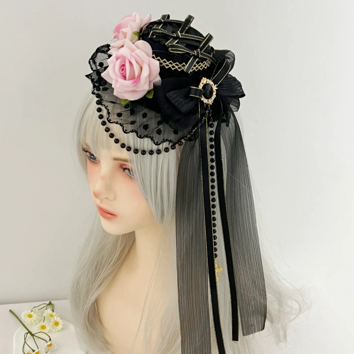 Gótico lolita chapéu preto rosa flor presilhas lolita cocar lolita acessórios de cabelo