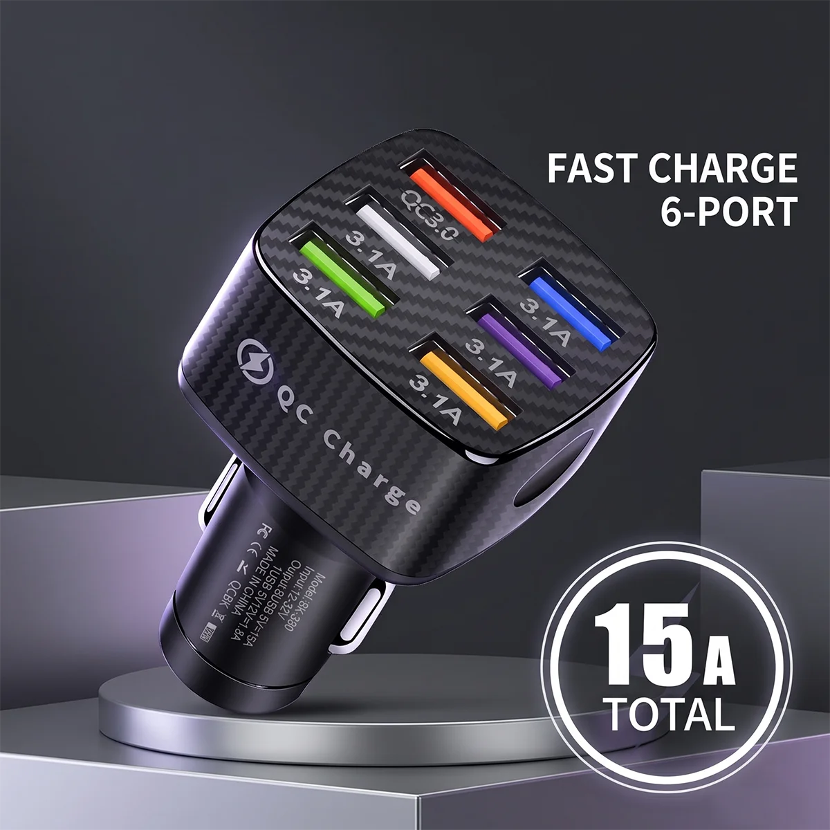 6-Port USB Car Charger QC 3.0 Fast Charging Adapter 15A Output Durable Anti-Drop PC Shell Multi Device Hub For 12V-32V Auto