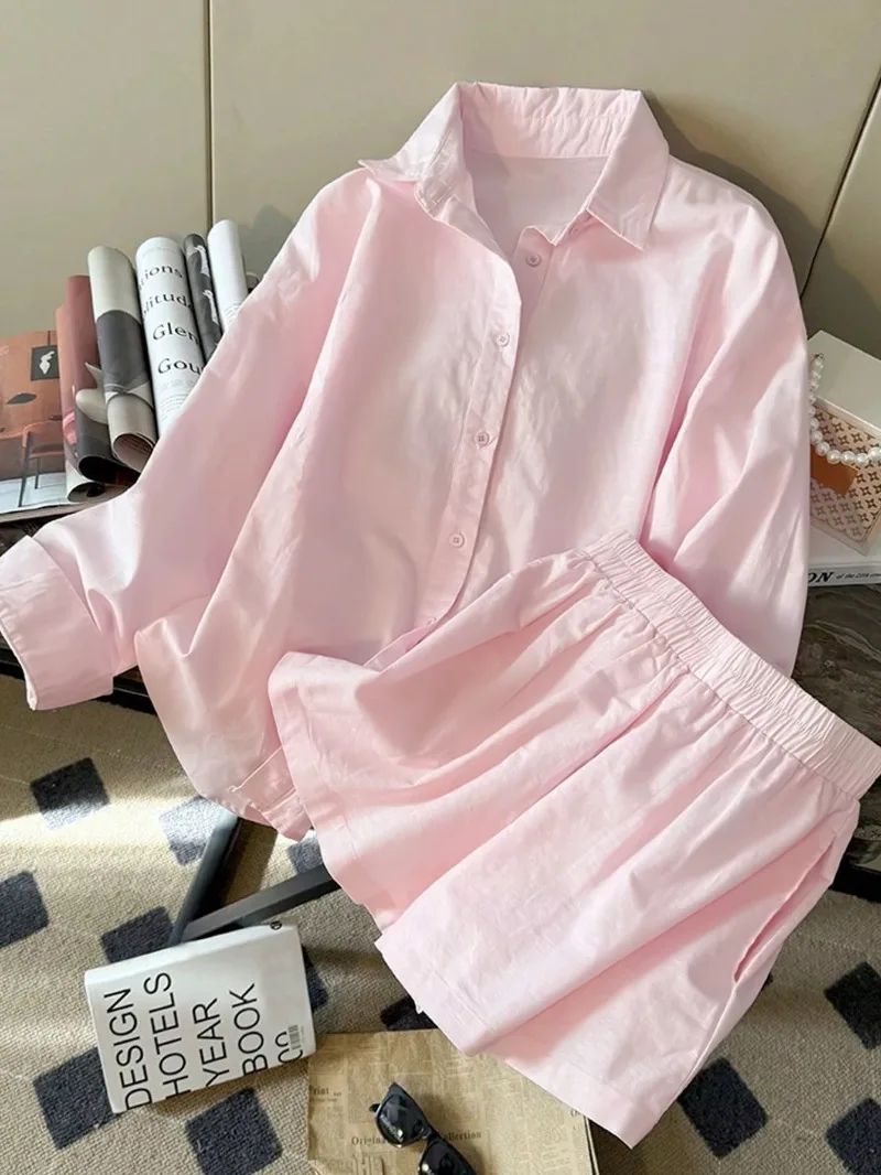 Sweet Shirt and Shorts Set Pink Long-sleeved Shirt Elastic Waist Shorts A Casual Versatile Women's Two Piece Set Summer Suit view 5
