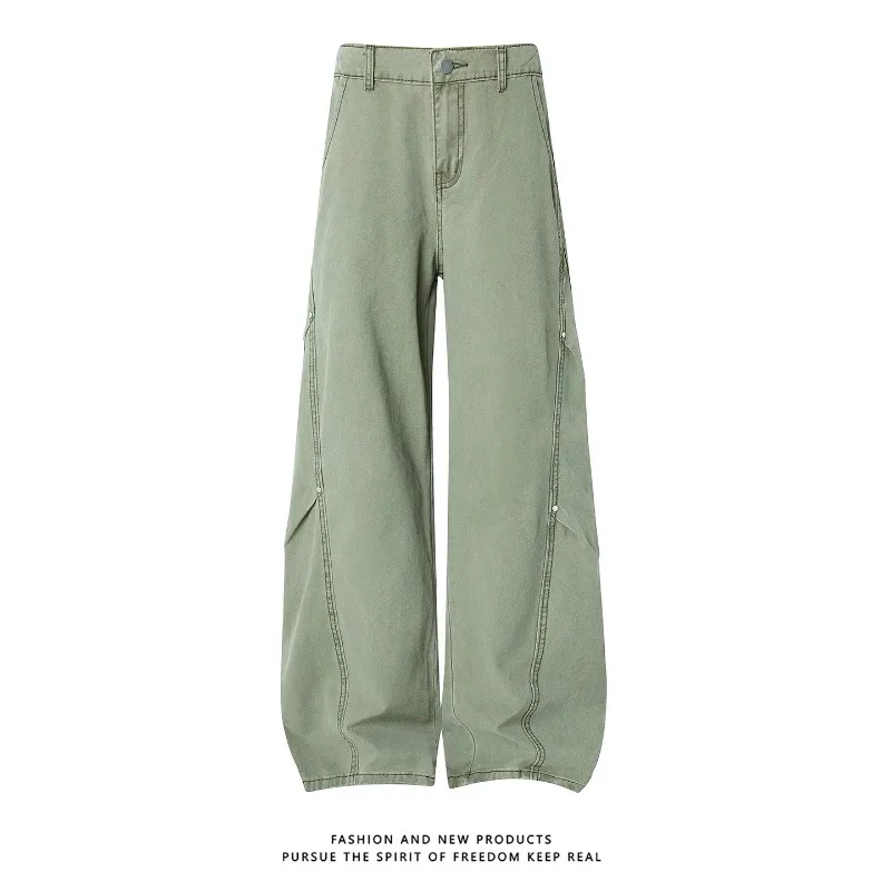 Men American Diagonal Cut High Street Flare Jeans Loose Straight Washed Faded Pure Cotton Casual Denim Trousers Daily Streetwear