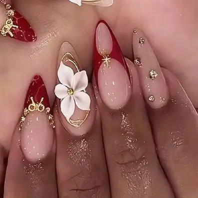 

24pcs Red French Press on Nails Almond False Nails 3D Flowers Stick on Nails Sweet Cool Golden Line Nail Rhinestone Fake Nail