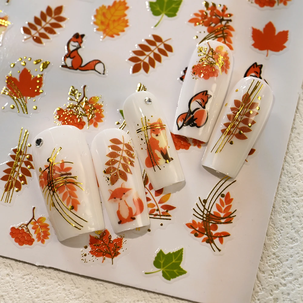 Juego de 6 hojas de pegatinas 3D de hoja de arce para uñas, autoadhesivas, hoja de otoño, Ginkgo Biloba, calabaza, calcomanías para decoración de uñas, pegatinas de láminas Y2K