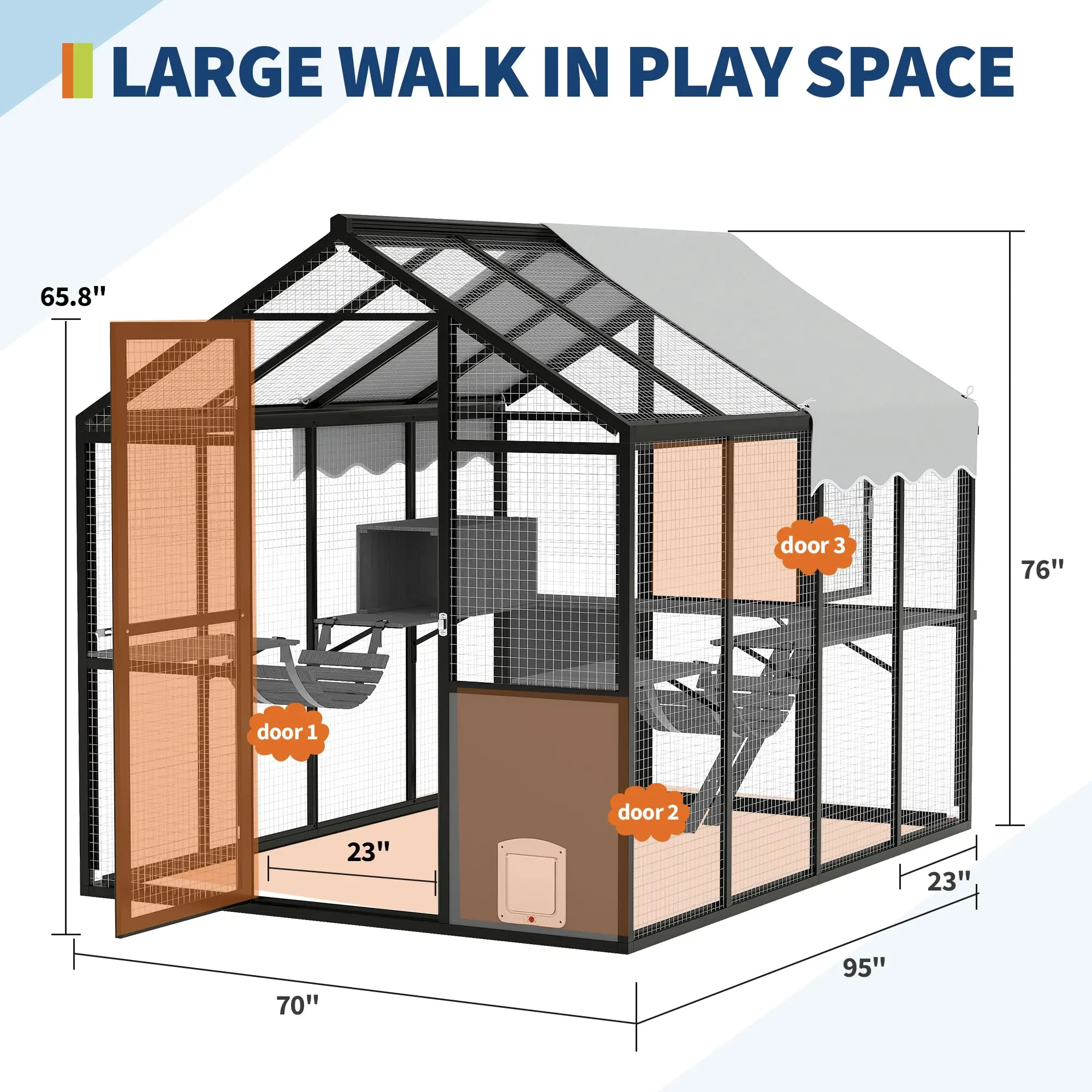 Extra Large Aluminum Outdoor Catio Enclosure For Multiple Cats Walk-in Cat Run With UV-Proof Cover Platforms & Adjustable Doors - view 2