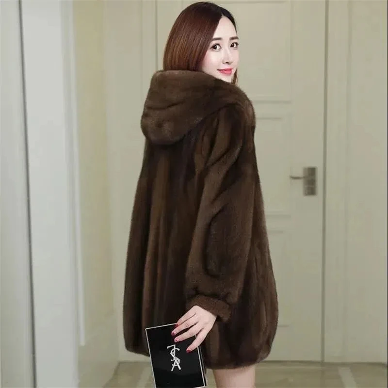 6XL 7XL Women Faux Mink Fur Jacket 2023 Autumn Winter New Female Hooded Long Sleeves Fur Overcoat Winter Mid-length Warm Coat