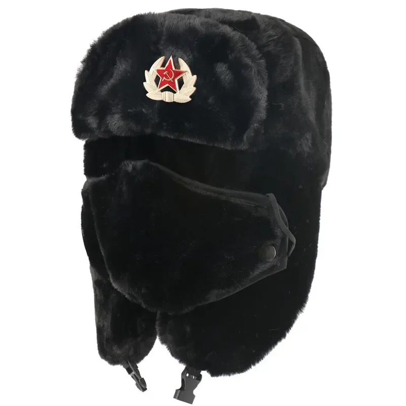 

Winter Warm Faux Fur Bomber Hat for Men Soviet Army Military Badge Caps Male Thermal Earflap Cap Russia Hat for Women