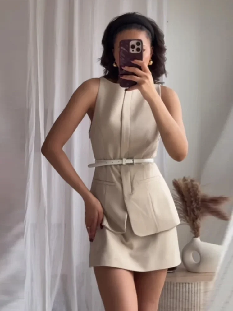 

Элегантный пояс, жилет, юбка, комплект, женский тонкий топ без рукавов с круглым вырезом на талии, мини-юбки трапециевидной формы, весна-лето, офисный однотонный женский костюм