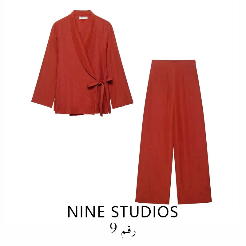 

NINE ZA Women's Kimono Sle Jaet Dr Collar Draped Details Mixed Fabric Long Pants Set Spring 2025 Two-Piece Suit V-Ne...
