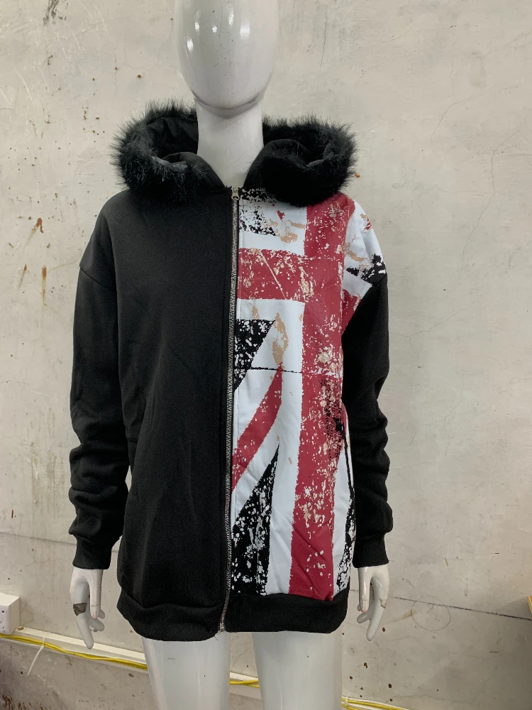 2025 Col En Cuir Drapeau National Imprimé Zipper Sweat À Manches Longues Pull À Capuche Rétro Veste Rue Y2K Populaire Haircoat