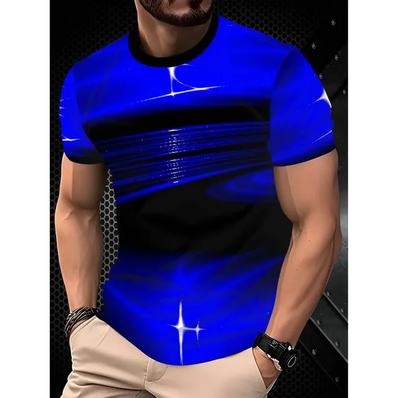 2026 Men Electric Blue Black Gradient Corrugated T Shirt Techwear Streamer Round Neck Slim Fit Short Sleeve Top Personalized
