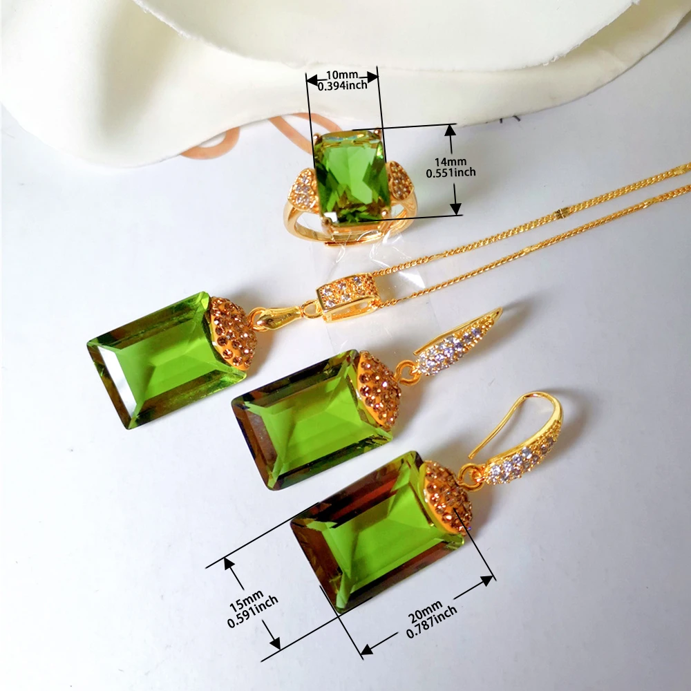 BOCARMAN Synthetic Color-change Sultanite Rectangular stone adjustable ring earrings necklace Jewelry Set for women change color