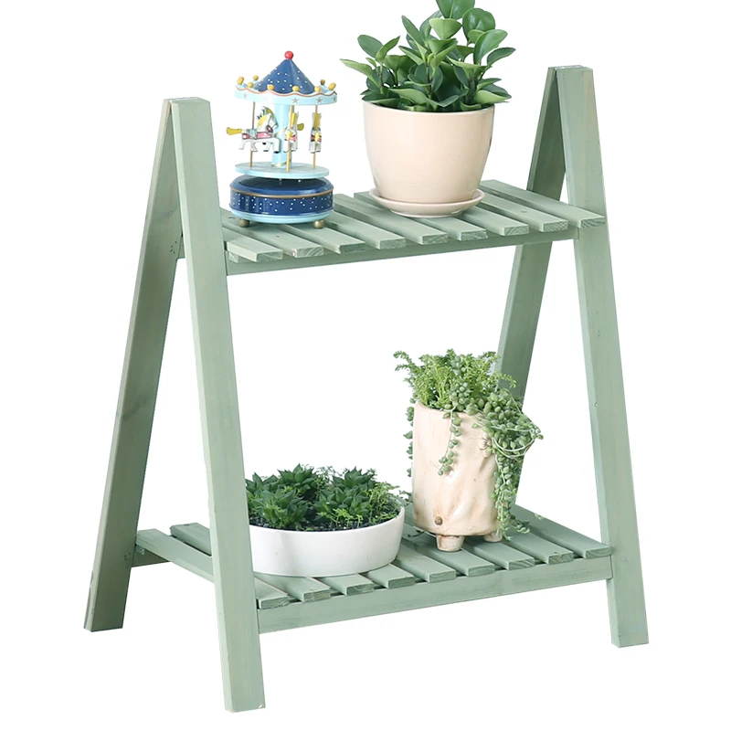 

*Minimalist two-layer solid wood flower rack, wooden flower pot rack, staircase folding balcony