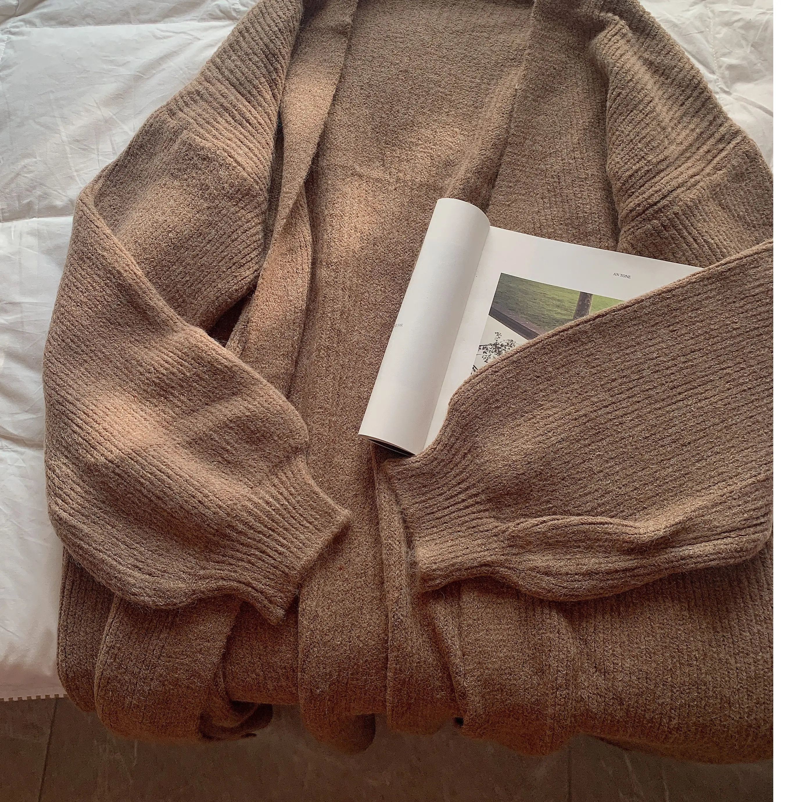 

Thiened Retro Knitted Open Cardigan Women's Long Loose Outerwear Autumn New Sle Lazy Faion Straight Tube V-Ne Buttoned