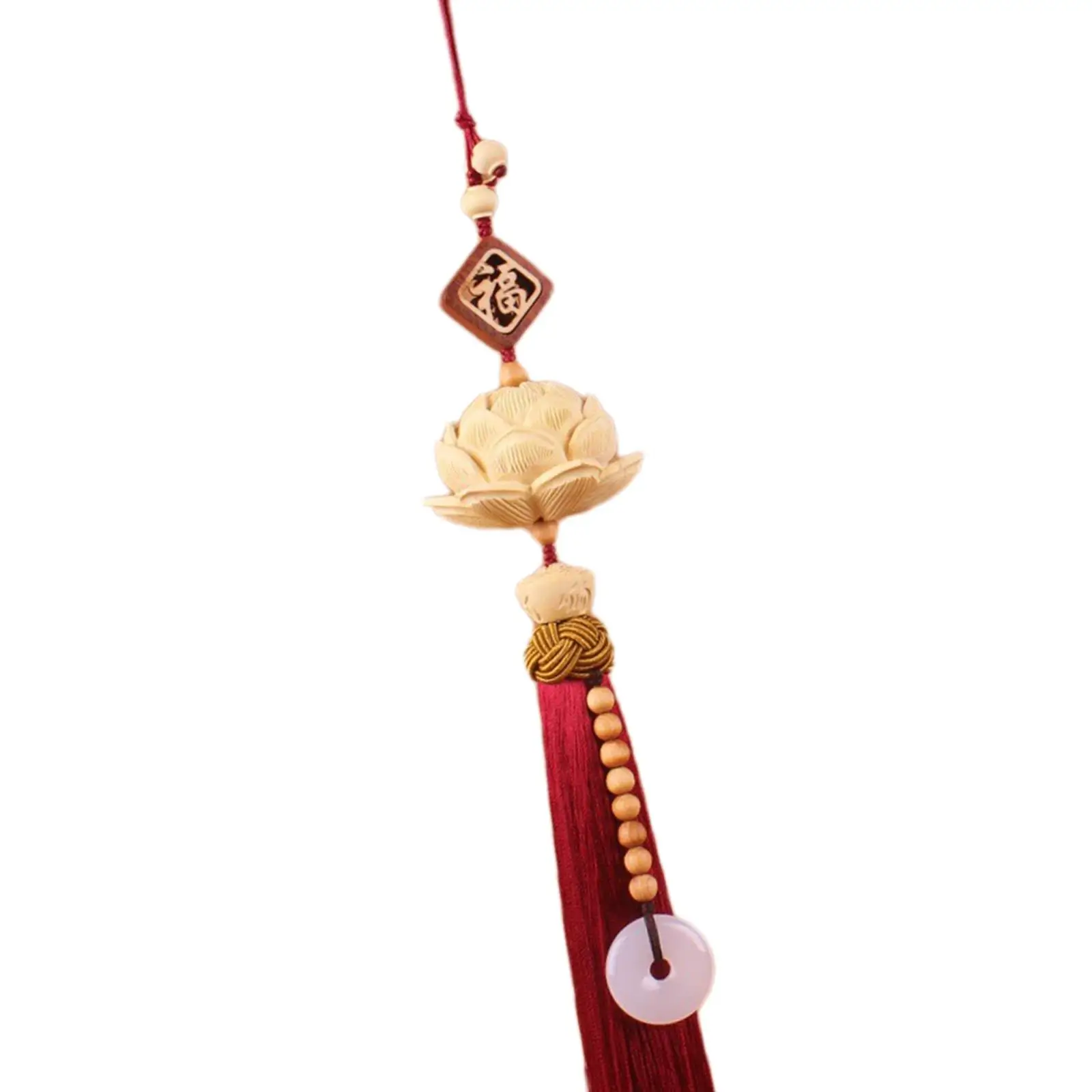 Wood Carved Lotus Car Rearview Mirror Pendant Chinese Feng Shui Tassel Dangle Decor for Auto and Living Room
