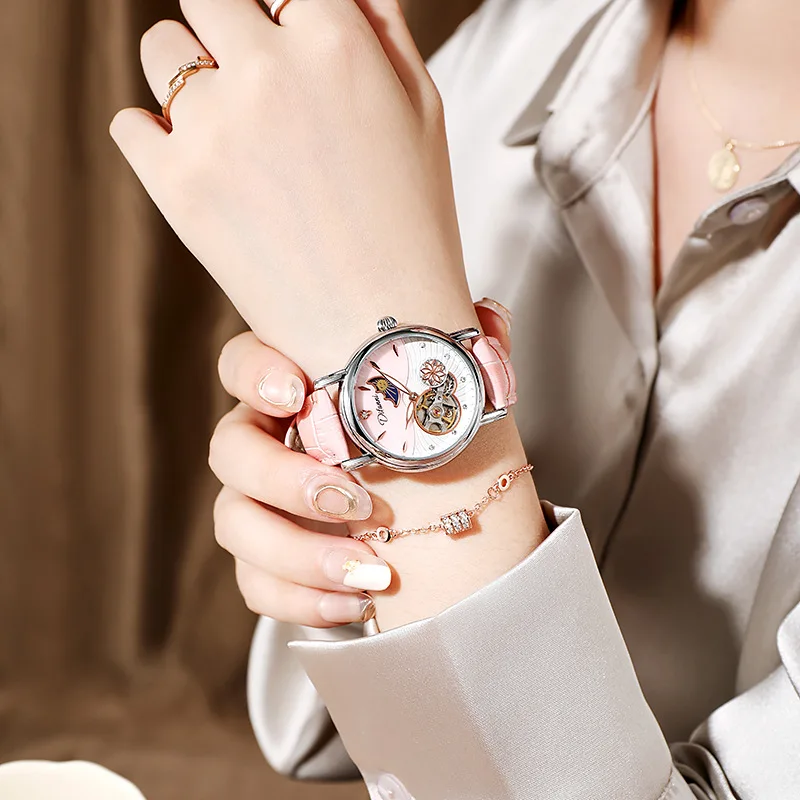 Lady Automatic Mechanical Watches Rotatable Flowers Female Watch Women Brand Luxury Fashion Moon Phase Waterproof Luminous Clock