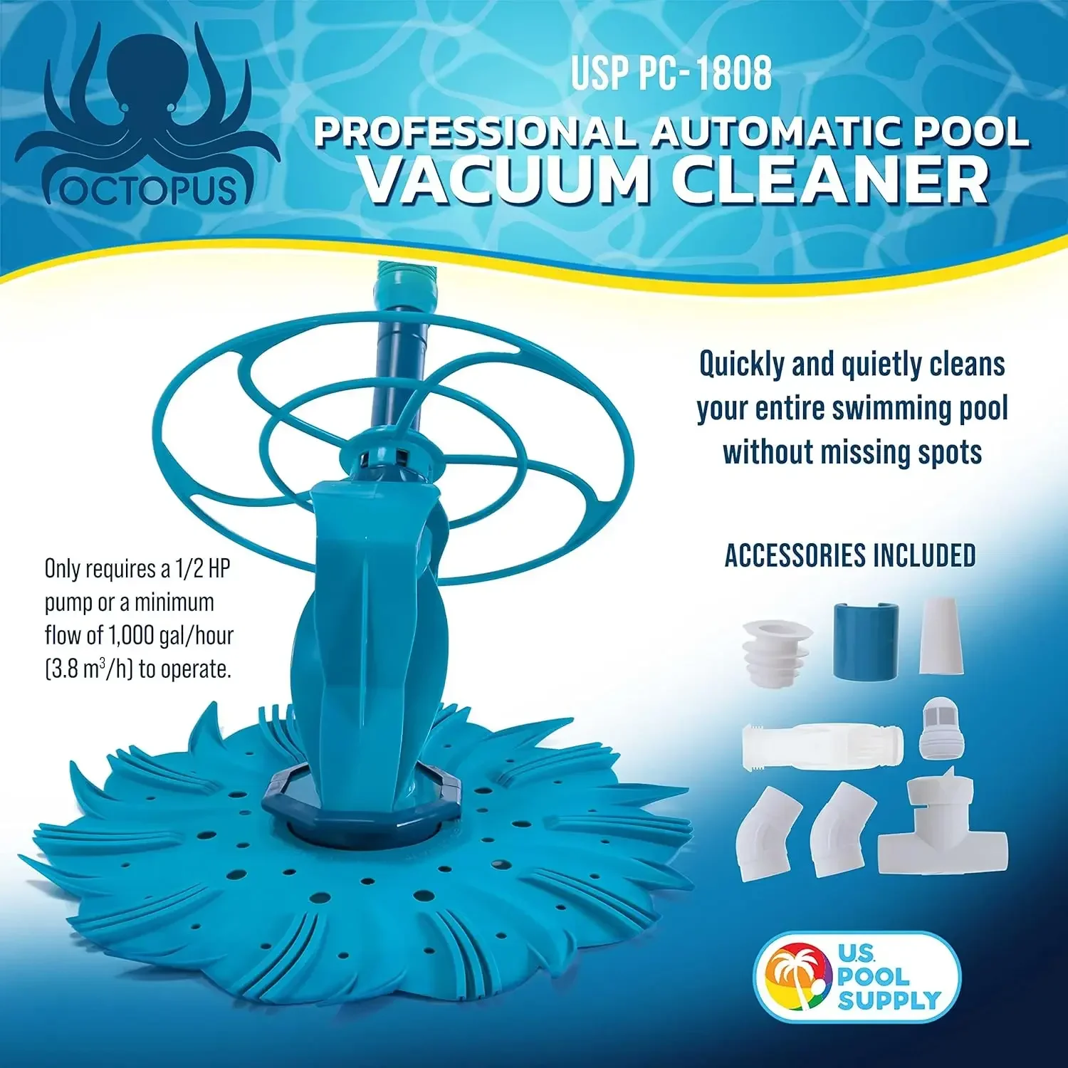 Professional automatic pool vacuum cleaner and hose set - powerful suction - quiet cleaning side climbing sweeper