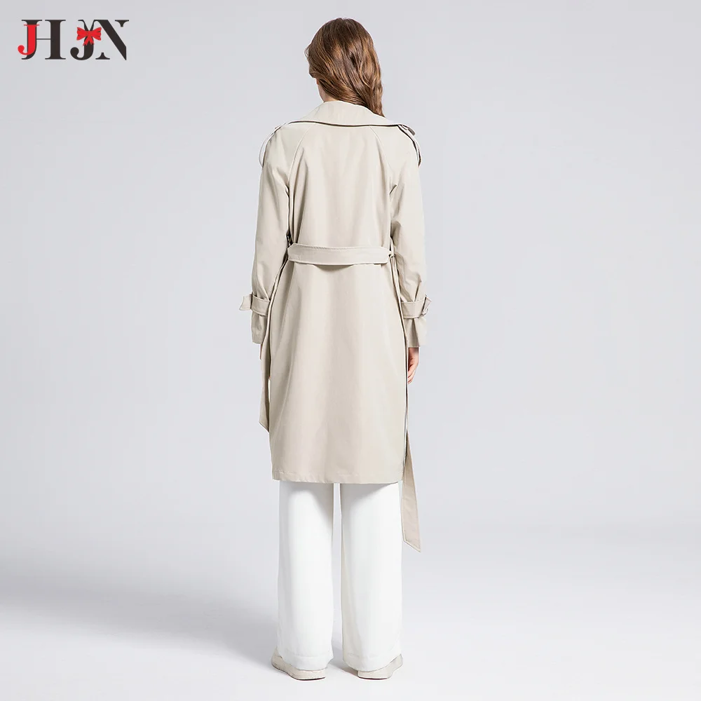 JHJN-Trench-coat beige pour femme avec ceinture, coupe-vent, double boutonnage, long, grand col rabattu, chaud, manteau de bureau pour femme