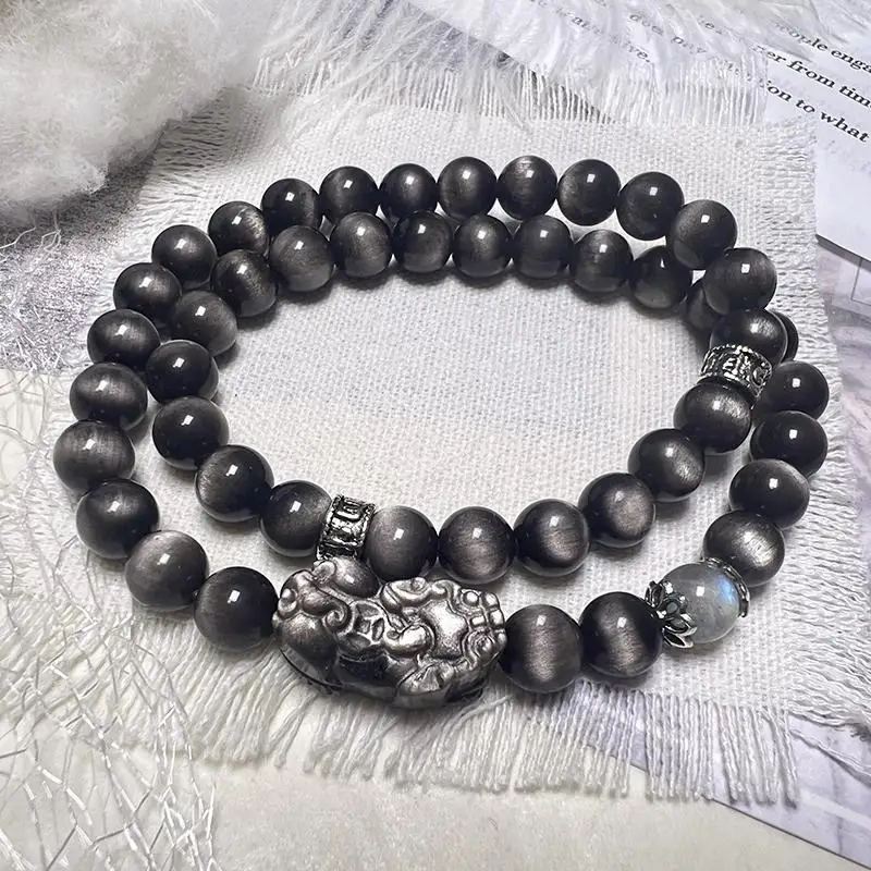 

cat's eye silver obsidian bracelet jewelry lucky transfer Pixiu advanced sense crystal beads double layer stacked bracelet