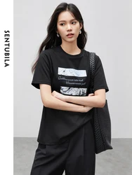 SENTUBILA 100% Cotton Letter Printing T-shirt for Women 2024 Summer Fashion Round Neck Comfortable Short Sleeve Top 142T55231