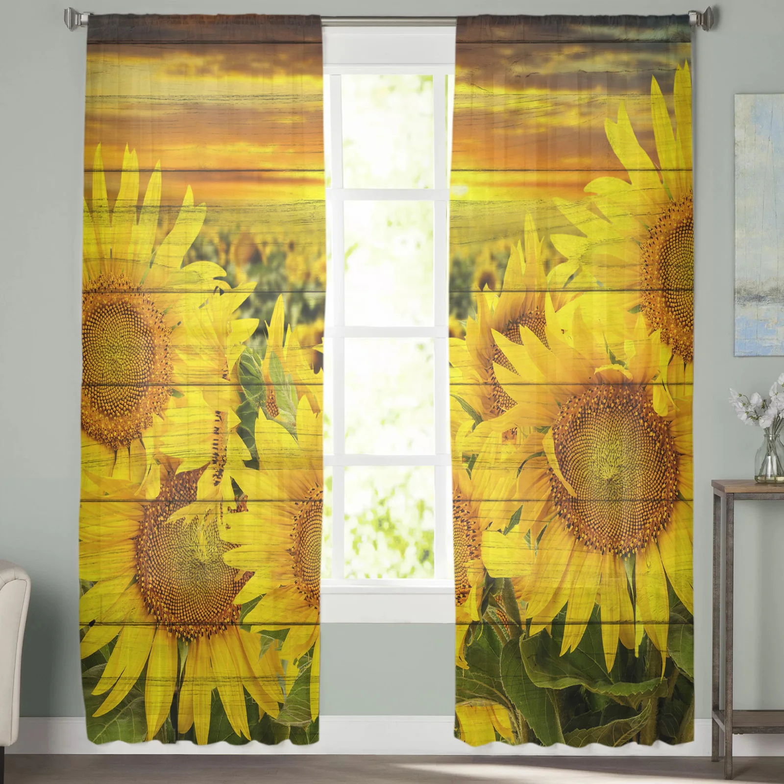 Sunflower Park Blooms with Plants and Flowers Sheer Curtains Window Curtains for Living Room Bedroom Blinds Kids Room Home Decor