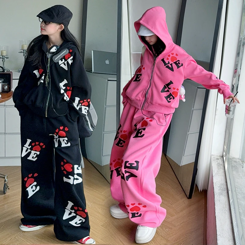 

14 teen girls sportswear clothes suit print love Hooded sweatshirt jacket+wide-leg pants 2pcs junior kid sport set child outfits