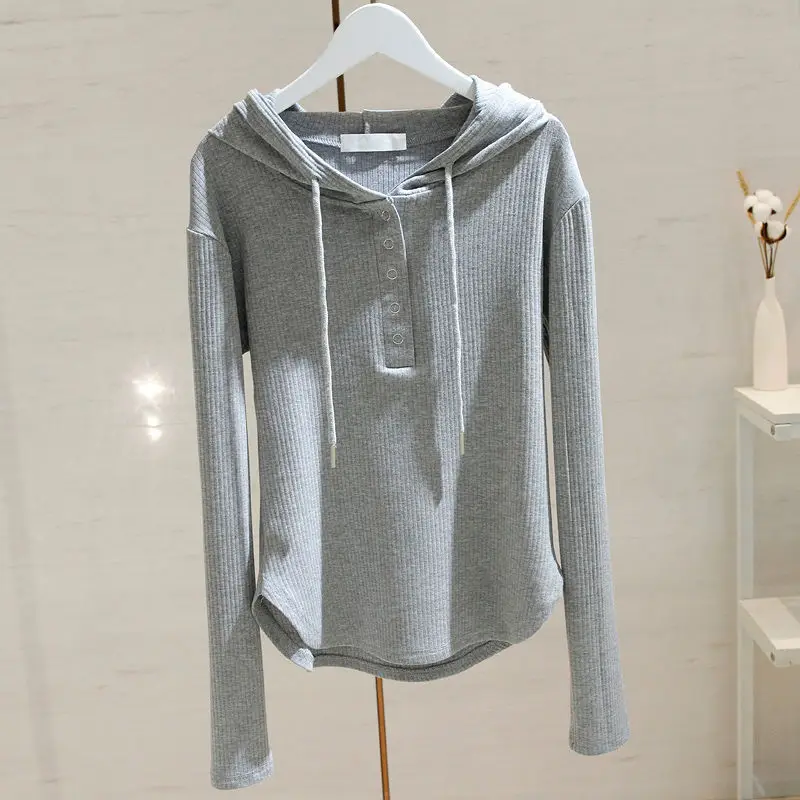 Fashion Solid Color Button Casual Lace Up Hooded T-Shirts Female Clothing 2024 Autumn New Loose Sweet Tops All-match Tee Shirt