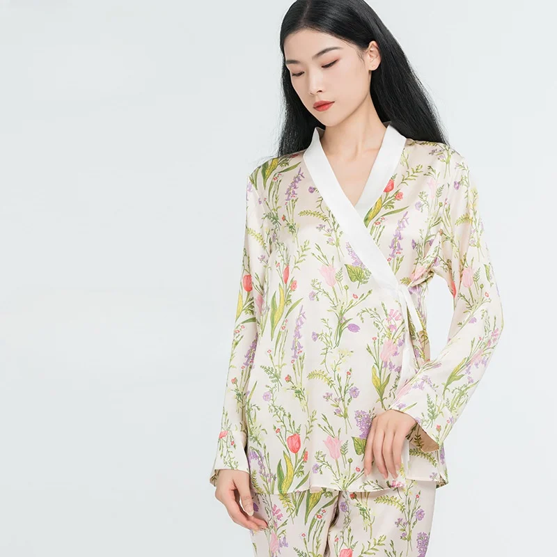 

19mm Floral Print Luxurious Pure Silk Pajamas Set Korean Style Two Piece Set 100% Mulberry Silk Kimono Women's Sleepwear Robes