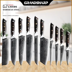 Grandsharp High Quality 1-10Pcs Set Kitchen Knife 67 Layers Damascus 10Cr15CoMov Steel Cooking Tools Branch Copper Cloth Handle