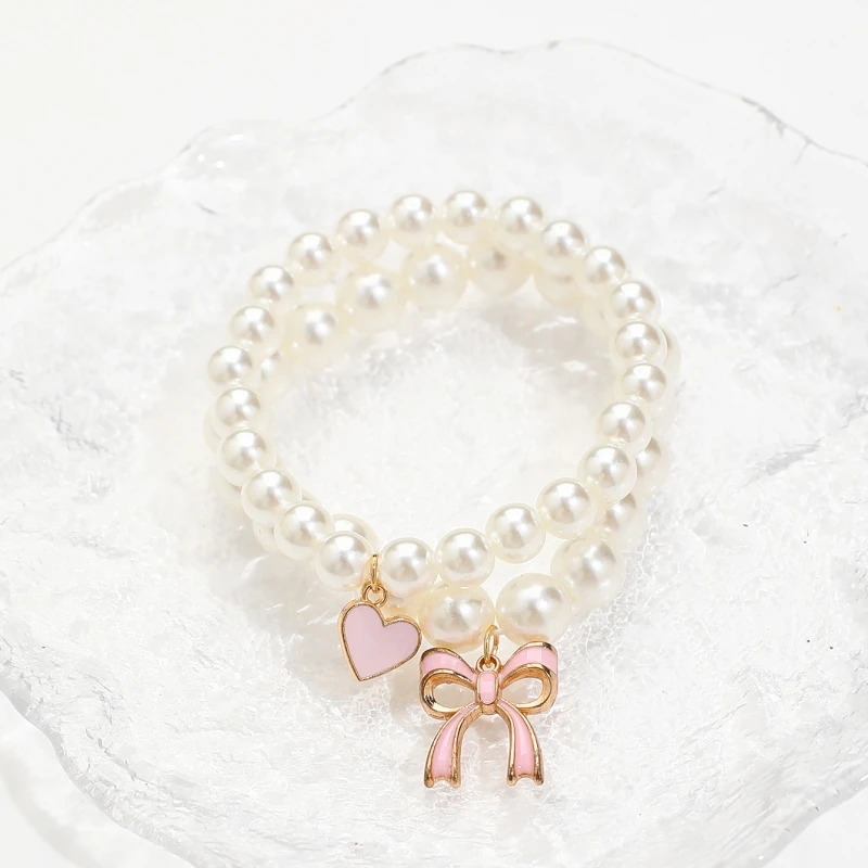 طقم سوار بدلاية وردية الشكل على شكل قلب وقلب ، طراز باليه لطيف ، مطرز باللؤلؤ الصناعي ، مجوهرات قابلة للتمدد ، الموضة ، 2 في كل طقم