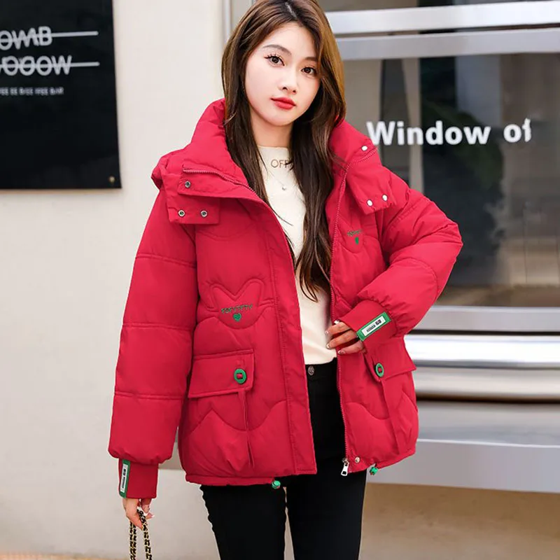 Winter Korean New Chic Down Cotton-Padded Jacket Women's Outwear Short Loose Thick Warm Parka Student Embroidered Cotton Jacket