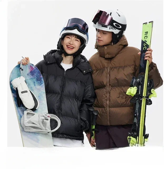 Winter Maillard couple down jacket American retro color matching waterproof hooded white duck down thick bread suit  2XL