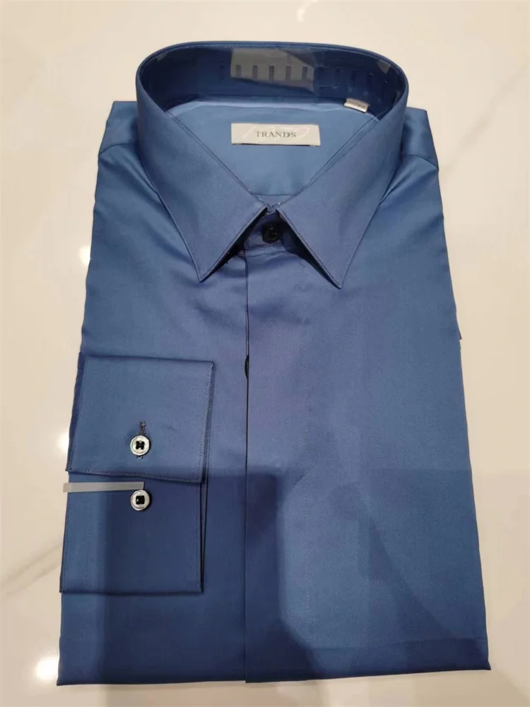

TRANDS Long Sleeve Shirt Fashionable Tailored Fabric Simple Clean Style Cotton Blend Youth Business Casual Pure Color Shirt