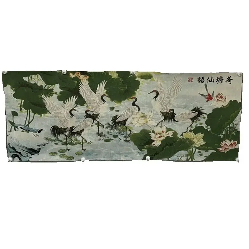 China Old Color Brocade Embroidery 'Whispers from the Lotus Pond' Wall Painting Lotus Leaf Crane Bird Design Decorative Home Art