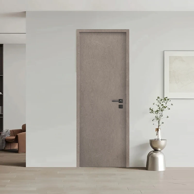 #Light Gray Wood Grain Thin Frame Solid Wood Interior Door Minimalist Soundproof Bedroom Flush Door Custom for Home Villa