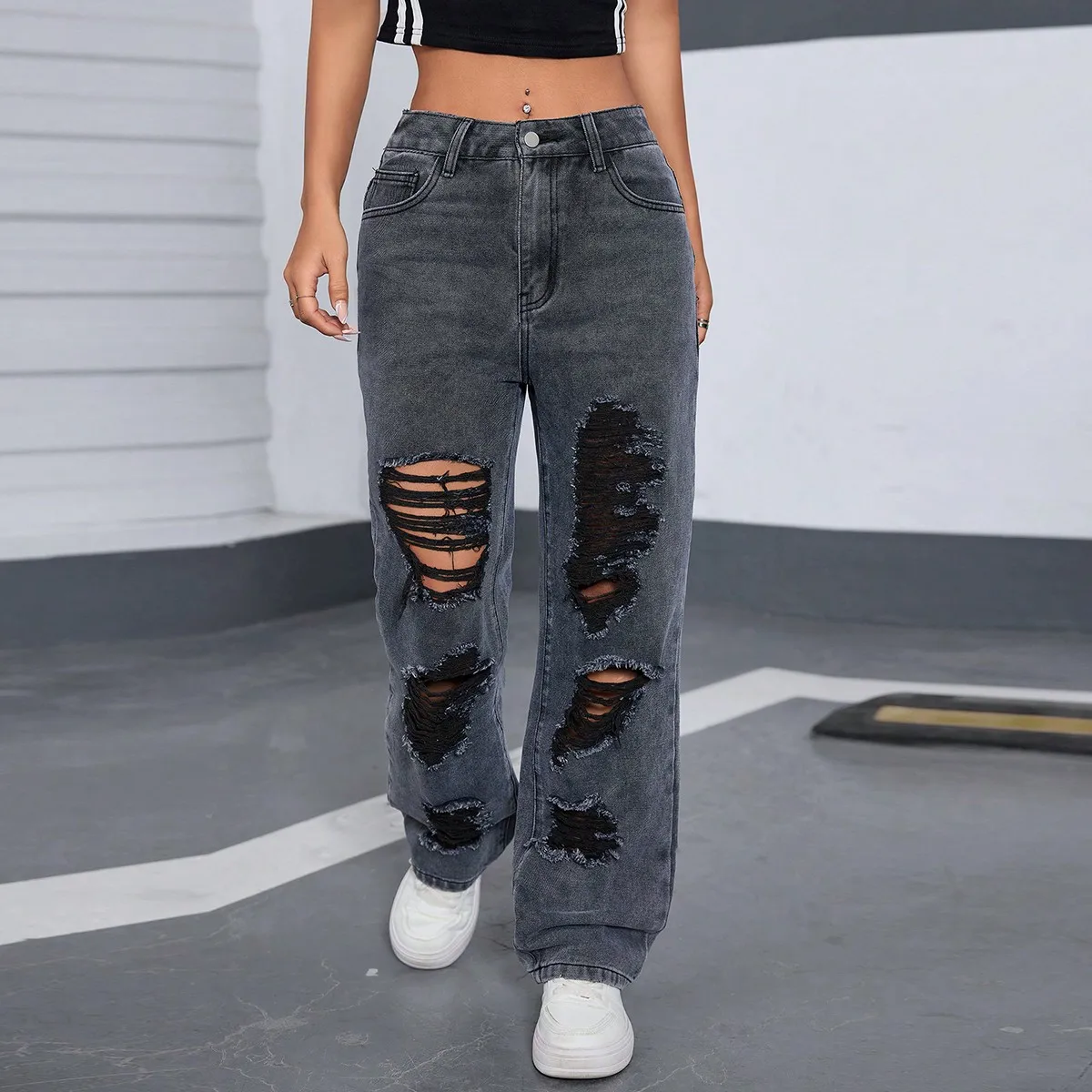 Y2K high waist hole straight leg women's new black jeans women,holiday street style fashion long loose solid color women's pant