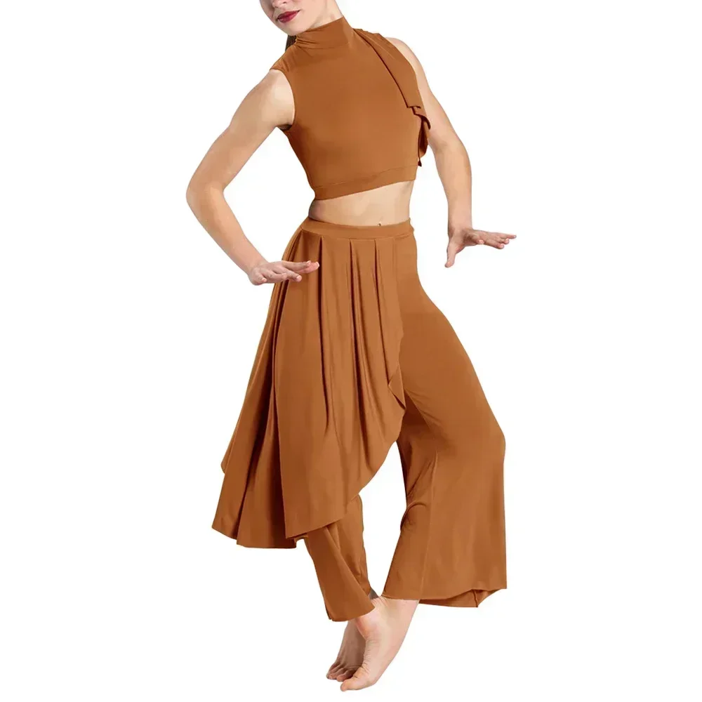 2 Piece Set Modren Dance Wear for Girls Women Crop Top Wide Leg Pants Contemporary Dance Stage Performance Show Costume