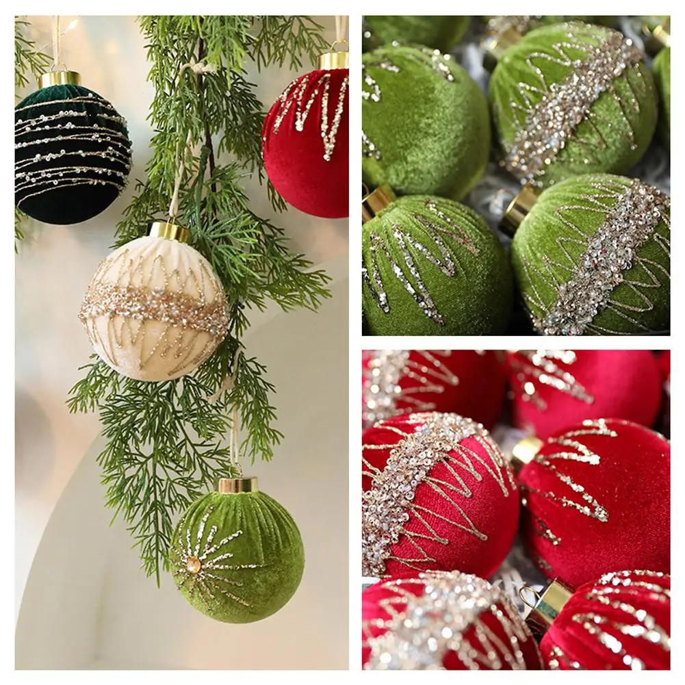 8 cm Samt-Weihnachtskugeln, 12-teiliges Set, Strass-Glitzer-Ornamente, Baumdekoration, Fensterbehang, Urlaub, festliche Party-Dekoration
