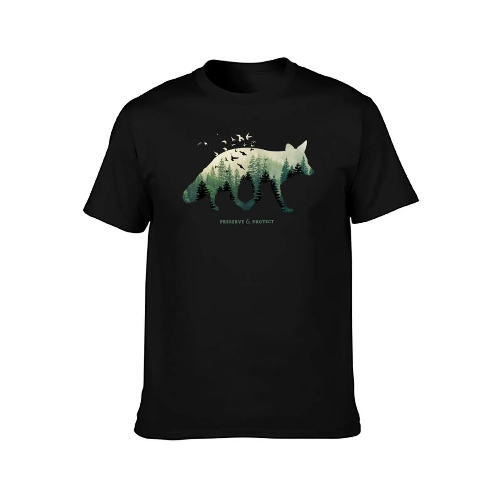 Preserve & Protect Nature Double Exposure Fox Silhouette Trees Forest Save the Environment Climate Change Wilderness Hik T-Shirt