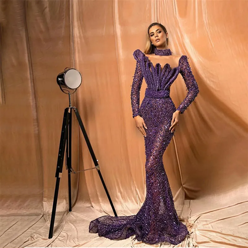 

Purple Sexy Backless Evening Dresses Long Sleeves Party Gowns Beaded Mermaid Prom Dress See Through Illusion Floor Length Robe