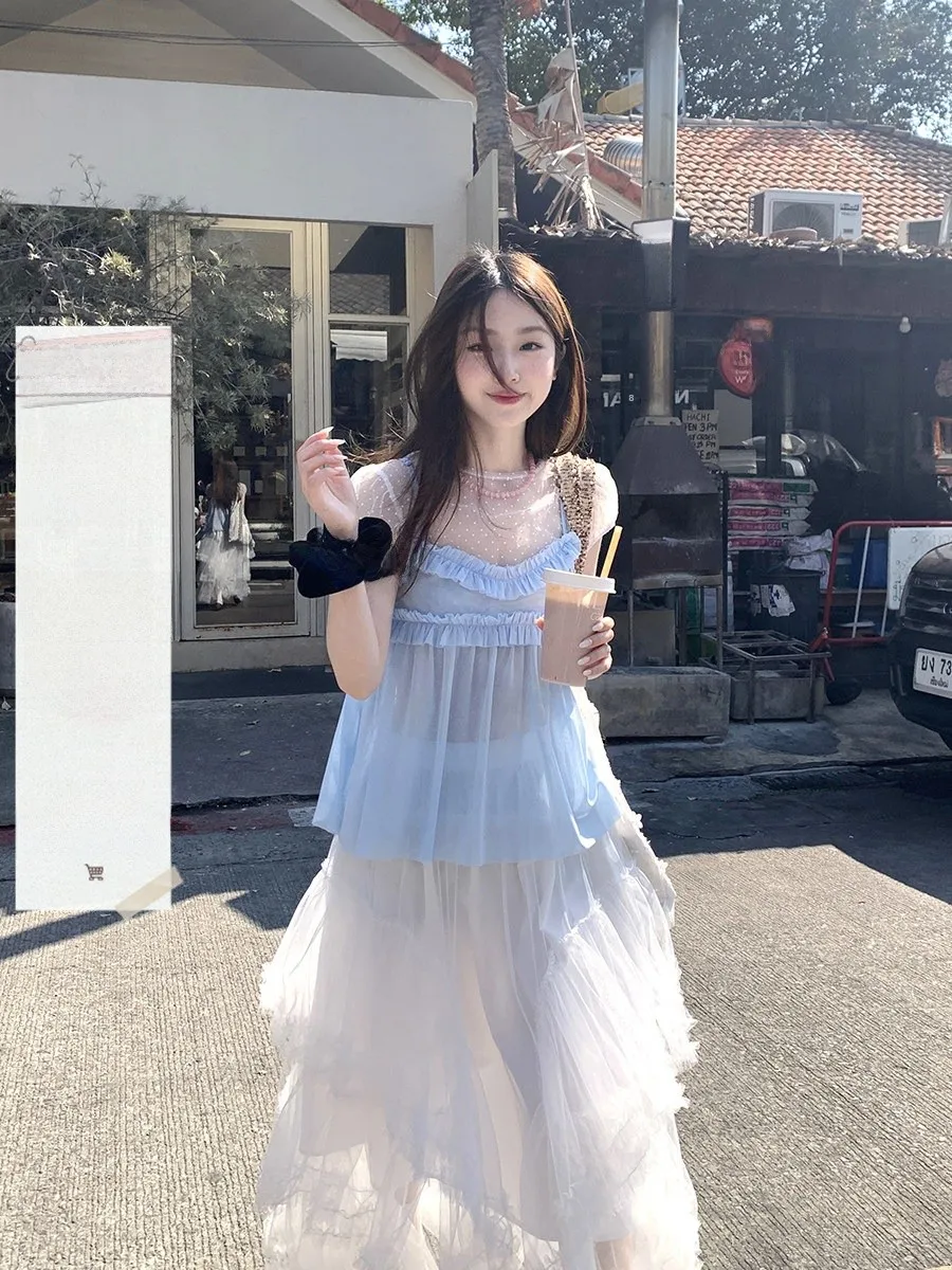 

Sinbounboun Sweet Girl Two-Piece Set 2026 Polka Dot Me ort Sve Ruffle Splicing Strap Vest Spring Faion Ensemble