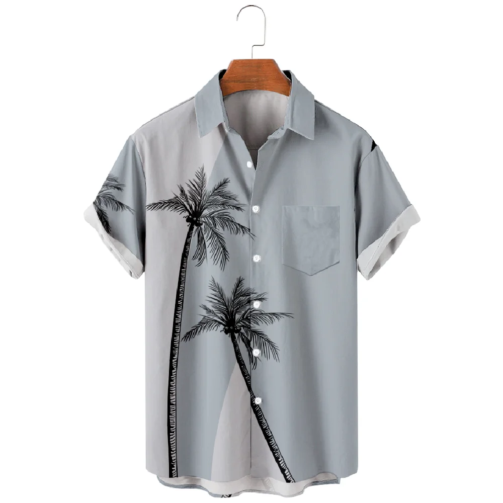 Camisas hawaianas para hombres, vacaciones, estilo playero, estampado de árbol de coco, camisas de Color gris, camisetas de manga corta para vacaciones en la playa de verano