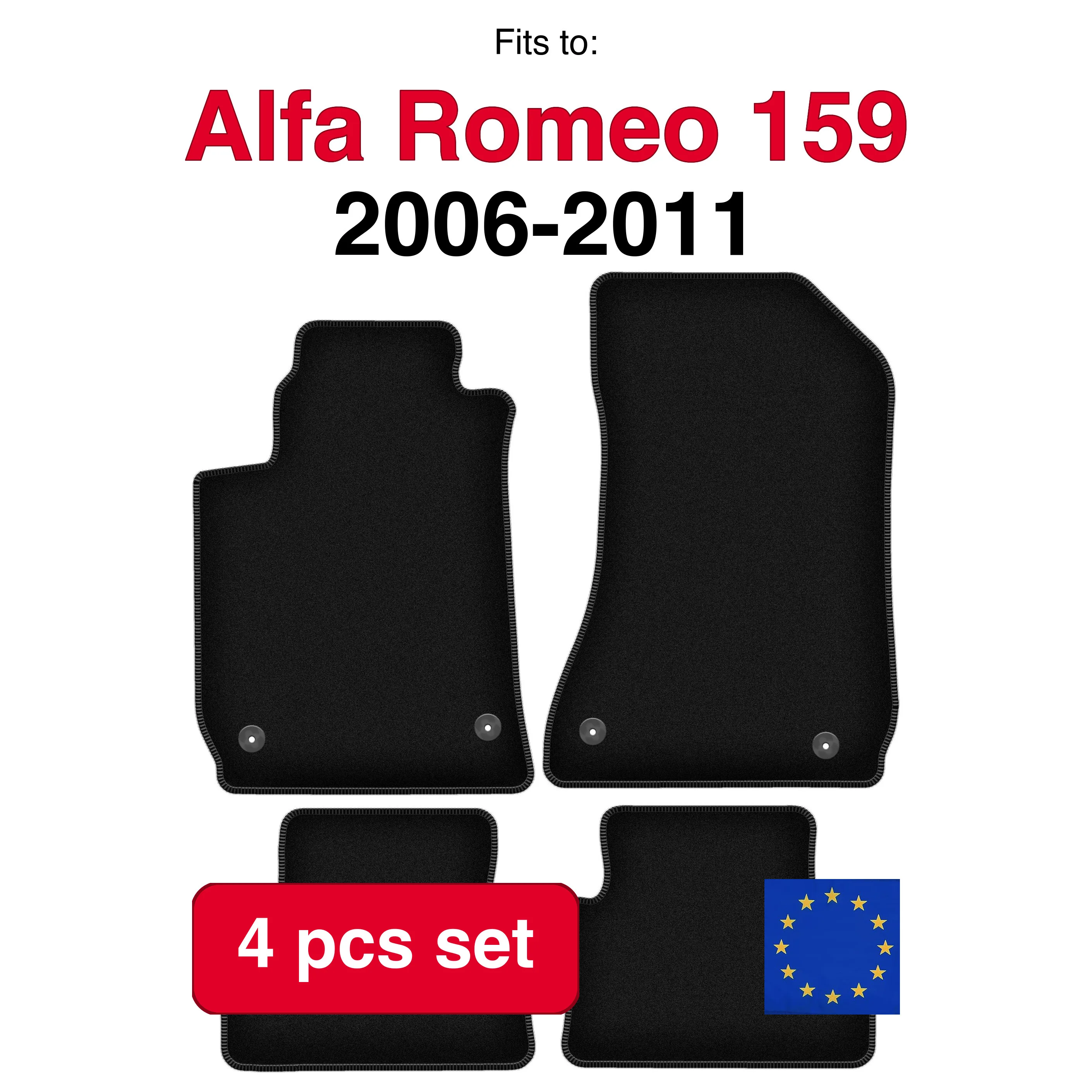 Image of Veloursteppich-Set für Alfa Romeo 159 Limousine, Kombi, Sportwagon (2006-2011) – Schwarz (4-teilig) – passgenaues Auto-Fußmatten-Set