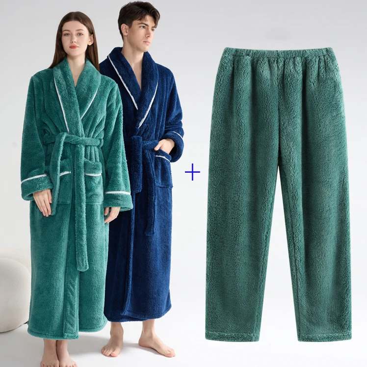 Winter Thicken Coupe Long Robe Pajamas Set Soft Warm Sleepwar LoungeWear Loose Coral Fleece Kimono Gown Bathrobe Homewear Pyjama