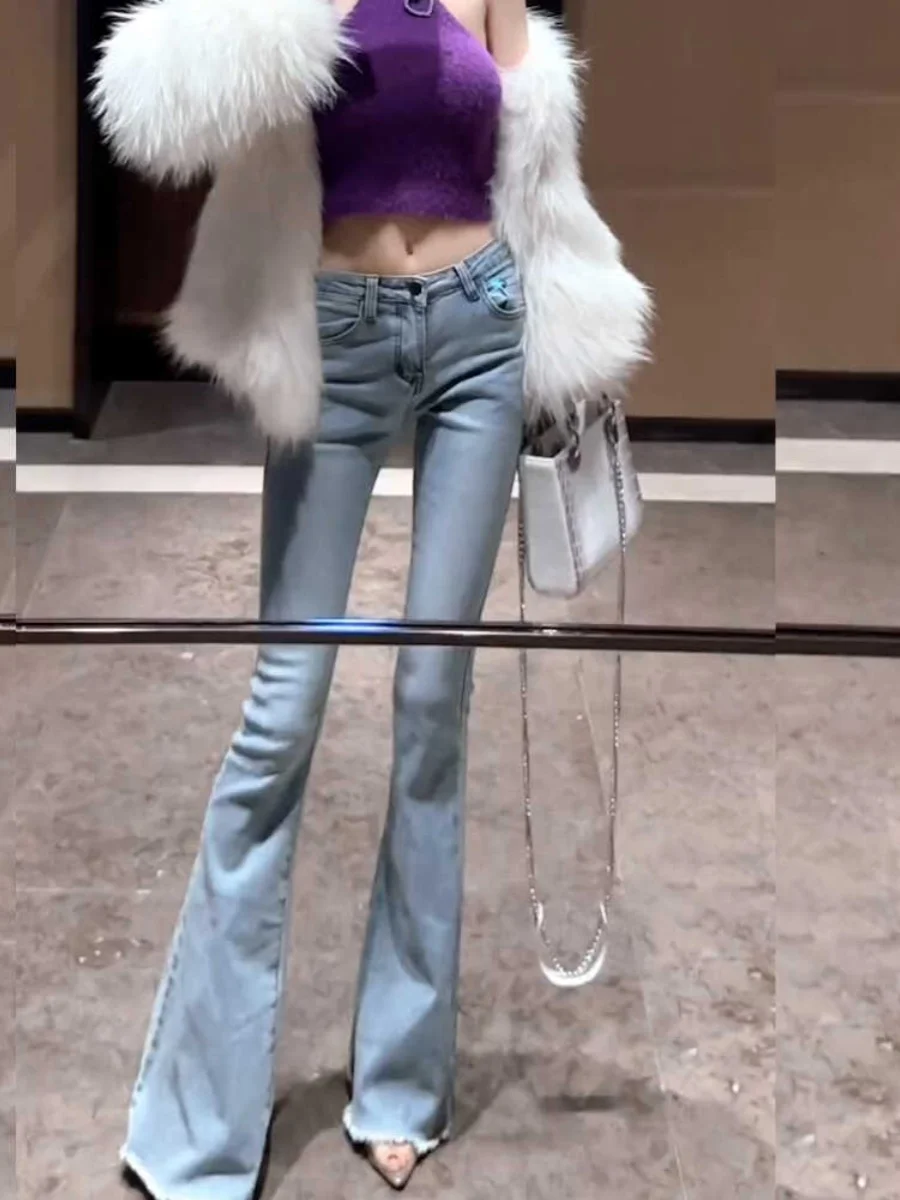 

Low Waist Flared Jeans Women's Slim Fit Torn Hem High Waist Extended Floor Length Korean Style Jeans Cotton Stretch Denim