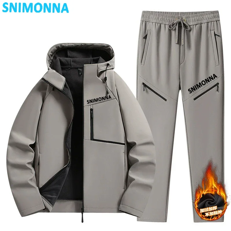 

2025 Winter Fishing Polar Fleece Men's Tracksuit 2 Piece Set Sweatpant Set Hooded Jacket Soft Shell Jacket Outdoor Sportwear
