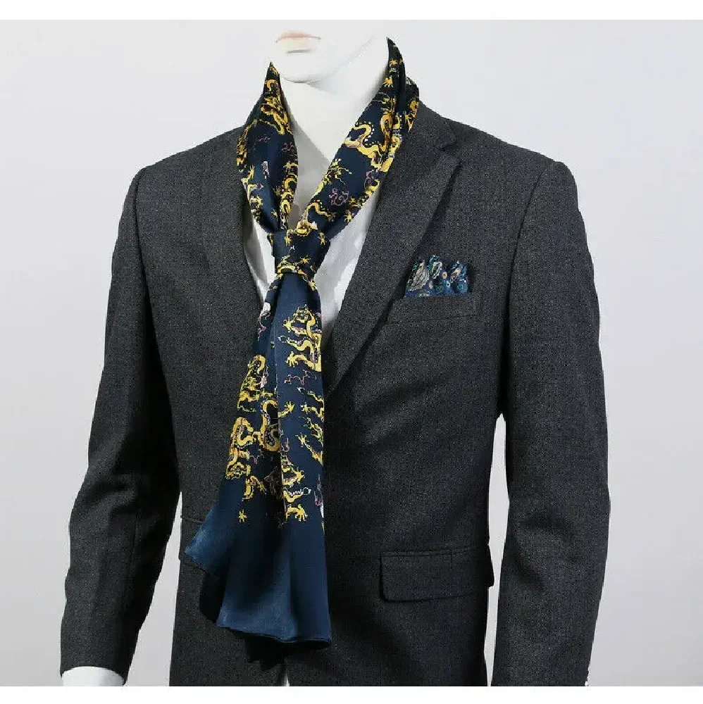 Men 100% Silk Scarf Long Double Layer Neckerchief Red Blue Yellow Dragon Design