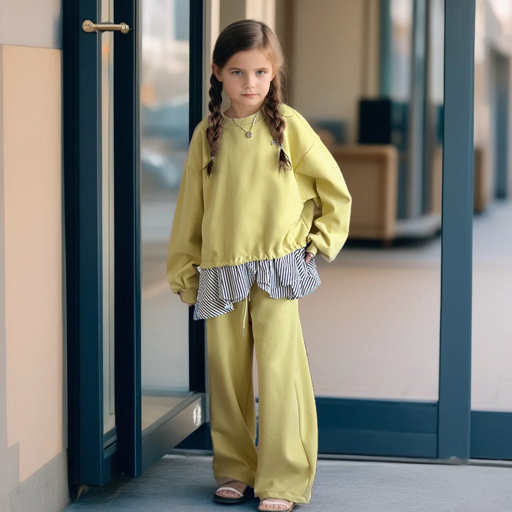 

Autumn Teen School Girls Clothing Set Sweatshirt Pants 2pcs Kids Tracksuit Fashion Plaid Ruffle Trim Casual Outfit for Children
