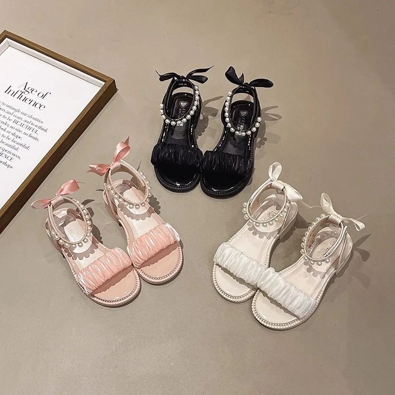 

Lolita Children Summer Roman Sandals Pearl Ankle Strap Girls Bow High-top Sandals Princess Non-slip Kids Fashion Dress Sandals