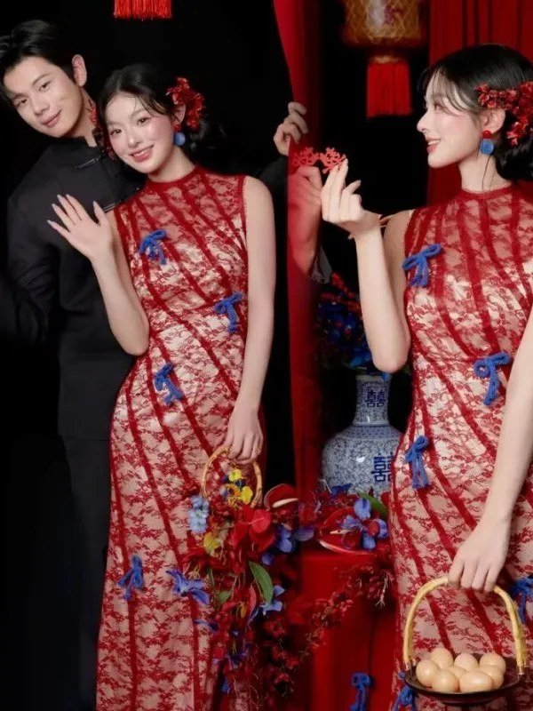 

Red Chinese Style Wedding Morning Robe Engagement Photography Costume Artistic High Fashion Women's Traditional Ethnic Clothing