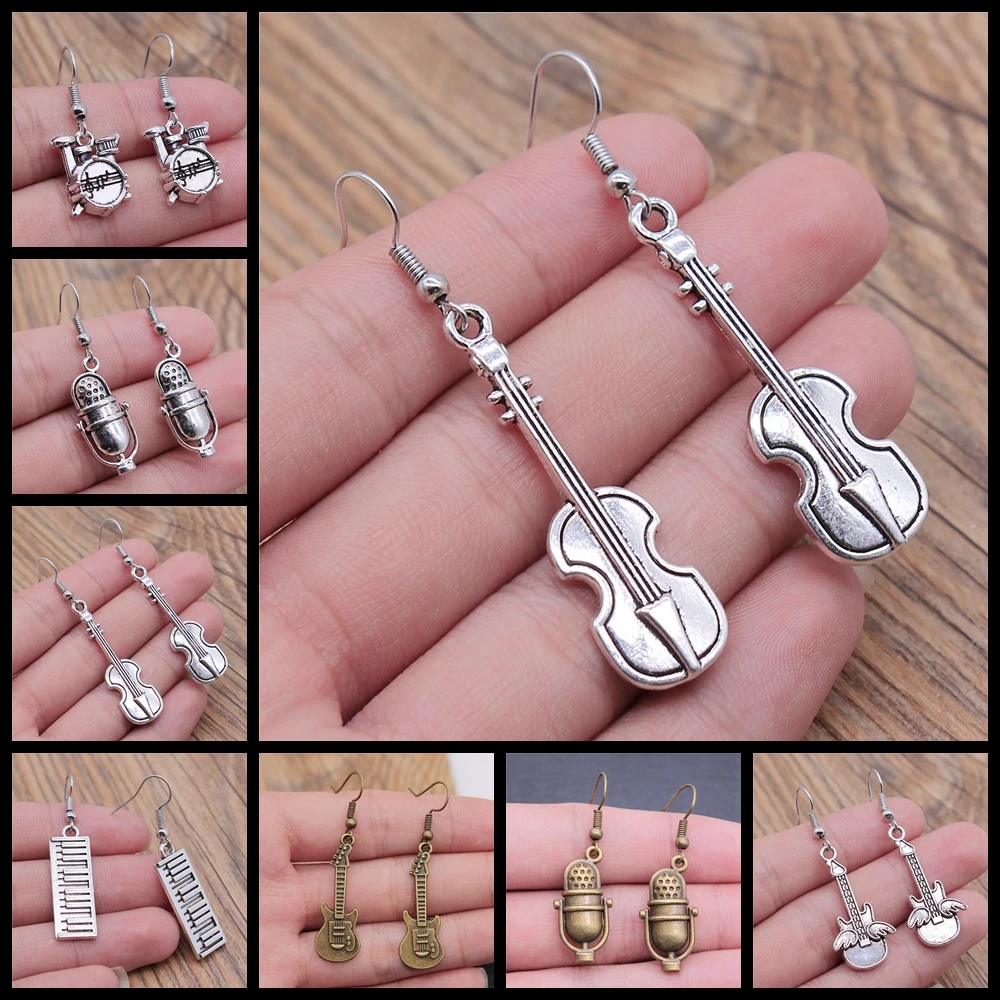 Fashion Handmade Simple Design Music Microphone Drum Piano Violin Cello Guitar Pendant Earrings Women Vintage Drop Earrings